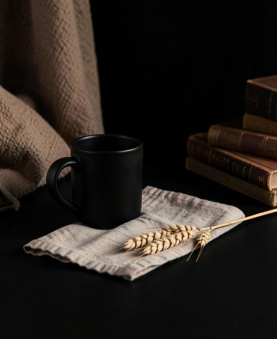 Black ceramic mug on linen with dried wheat and old books