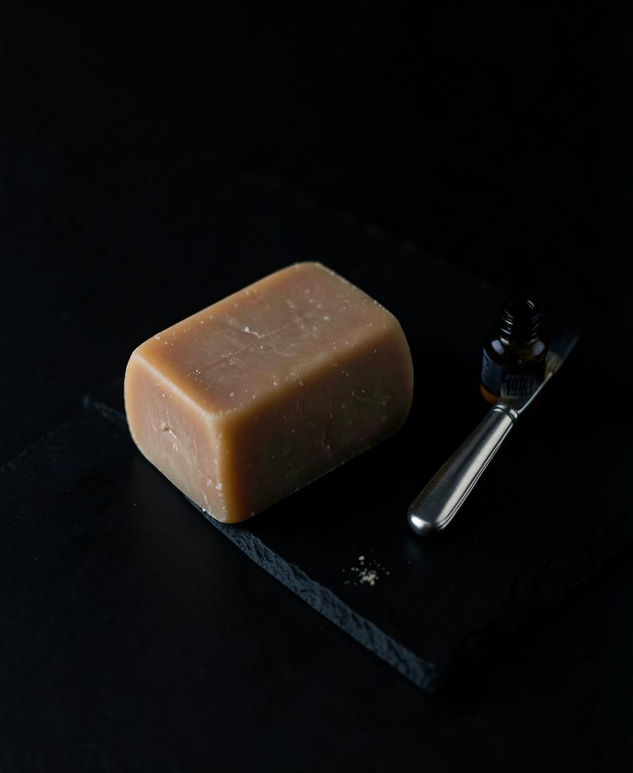 Handmade soap bar with an apothecary bottle on slate